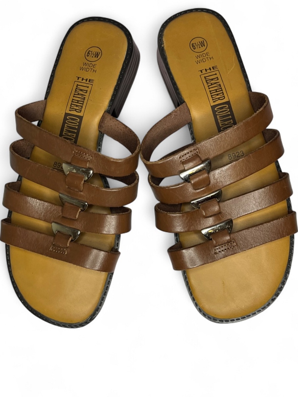 The Leather Collection Brown Leather Wide Width Four Strap Boho Slide Sandals